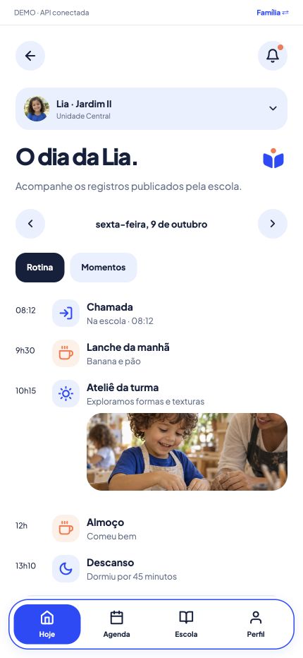 Tela do app mostrando os registros da rotina de Lia